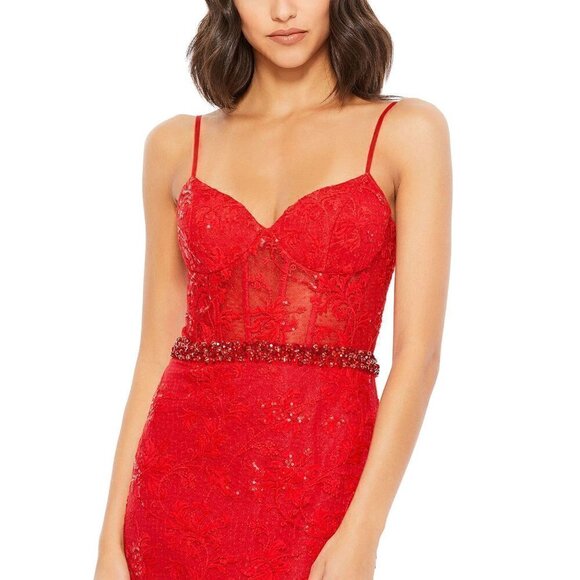 MAC DUGGAL Embroidered Illusion Bodice Sleeveless Trumpet Gown in Red Size US 4 - Picture 7 of 8